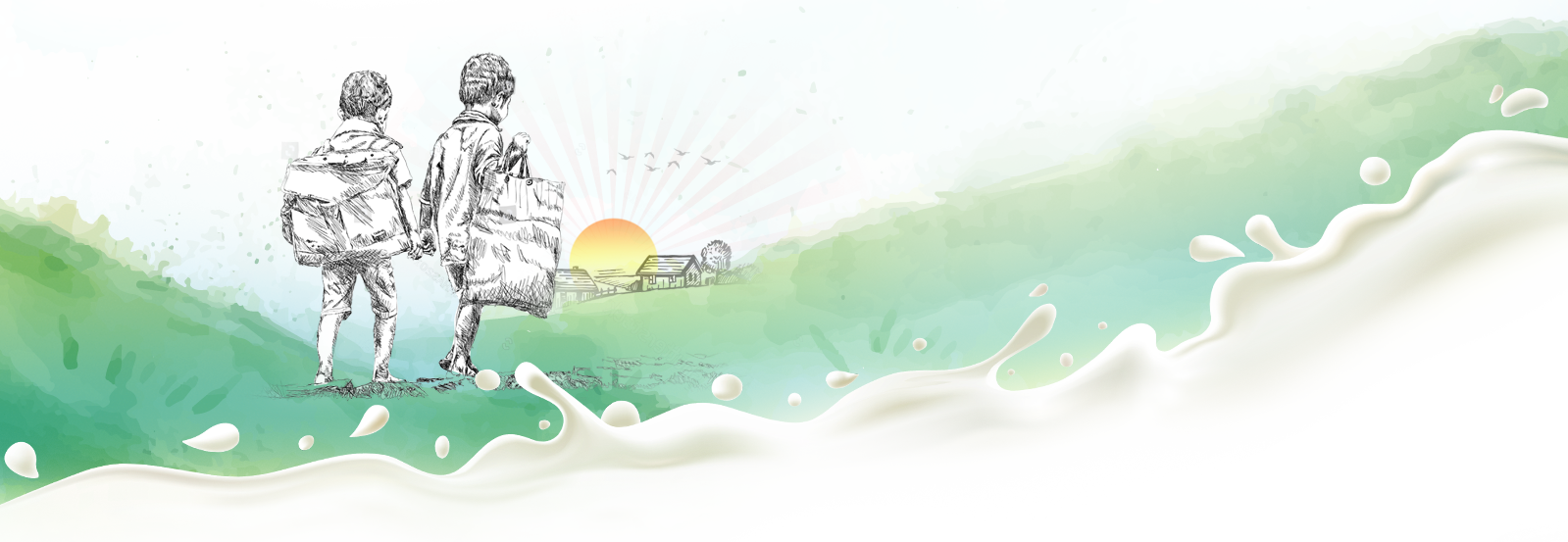 Children walking to a sunlit village with a milk splash
